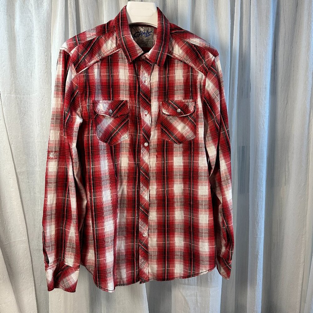 Chalc Mens Size Large Red Plaid Long Sleeve Button Up Shirt Snap Pockets Western